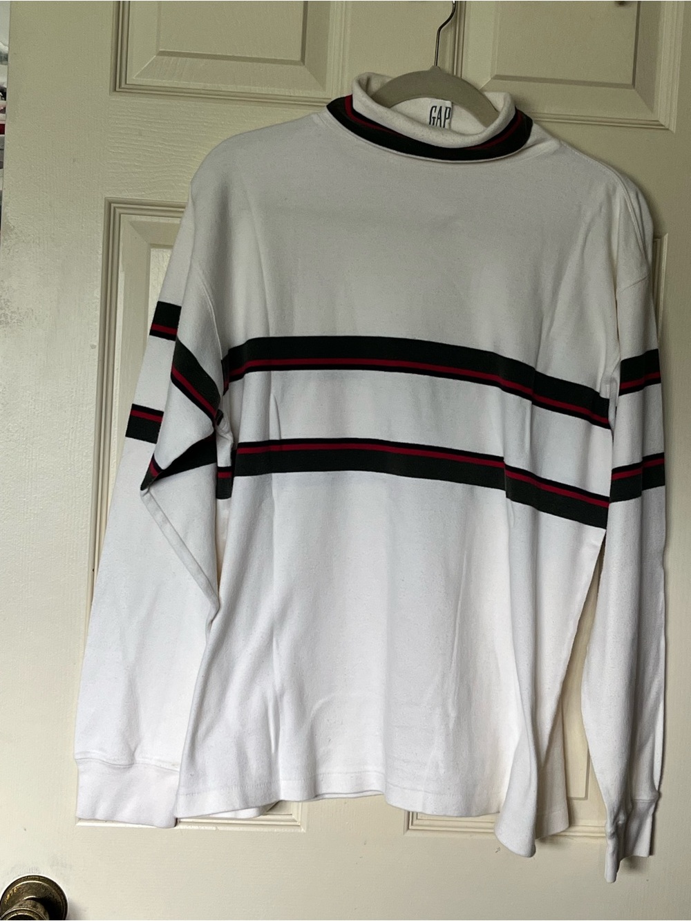 VTG 80's GAP Men's L Cream Long Sleeve Cotton TurtlenecOlive and Red Stripes